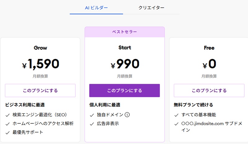 Jimdo料金プラン：AIビルダー