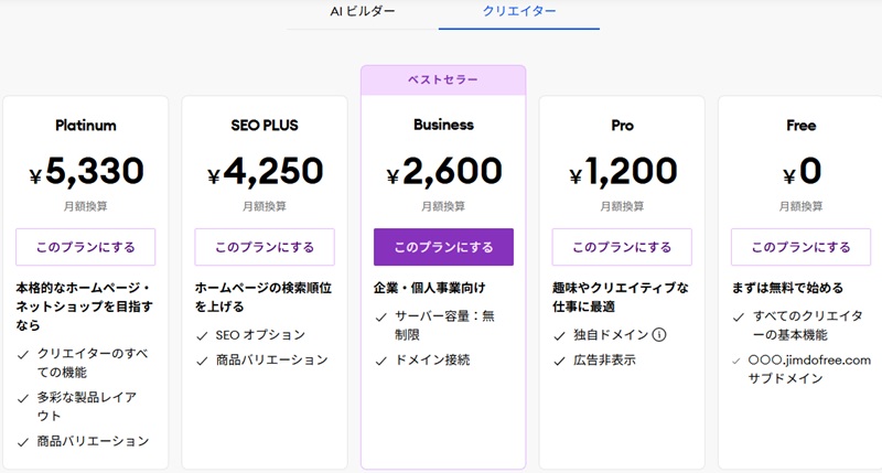 Jimdo料金プラン：クリエイター